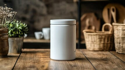 White Cylindrical Container on Rustic Wooden Table