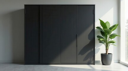 Sleek dark gray sliding door wardrobe with a potted plant near a bright window