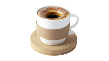 Delicious donut resting in a cup of coffee on a wooden surface in a cozy cafe setting