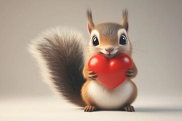 Fototapeta premium A cute cartoon squirrel holding a red heart, conveying a message of love and affection.