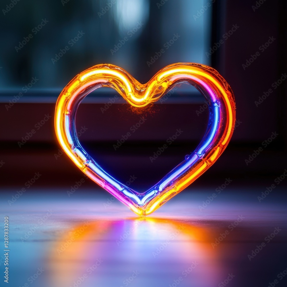 Poster vibrant neon heart sign casting colorful reflections on a smooth surface, creating a captivating and