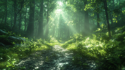 Obraz premium Immersive first-person view of a tranquil forest at sunset with mist enveloping tall trees and a glowing sun on the horizon