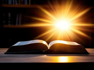 A beautifully illuminated open book on a table, radiating light, symbolizing knowledge and enlightenment.
