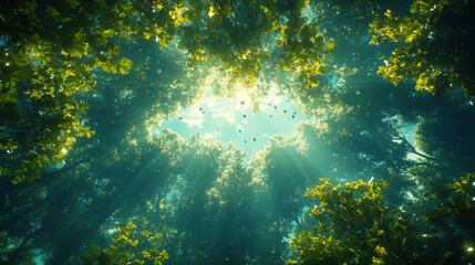 Obraz premium Immersive first-person view of a tranquil forest at sunset with mist enveloping tall trees and a glowing sun on the horizon