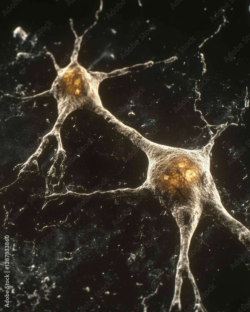 Poster microscopic view of neurons in neural network with dark background and detailed structure for educat