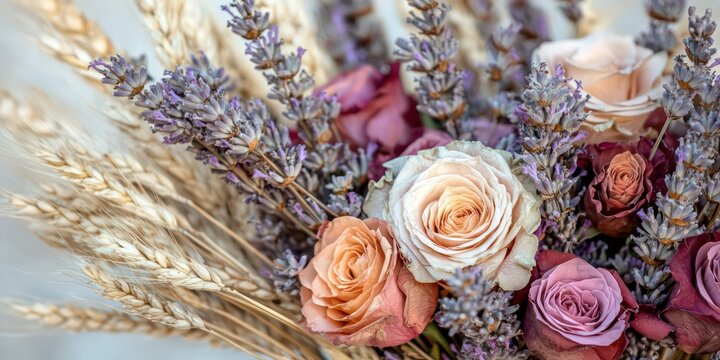 Elegant bouquet with roses, dried lavender, and wheat stalks.