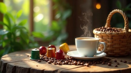 Warm morning brew with aromatic coffee beans and colorful coffee pods on a rustic wooden table