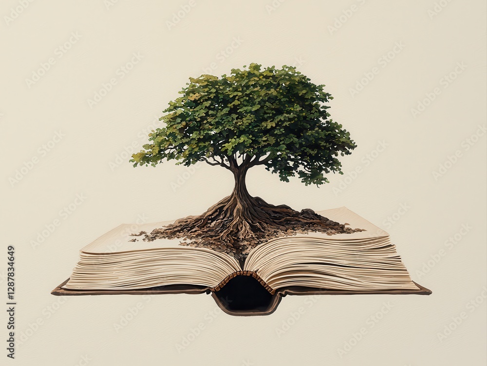 Aufkleber a tree grows from the pages of an open book, symbolizing knowledge, growth, and a connection between