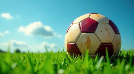 A well-worn soccer ball rests in vibrant green grass under a bright, sunny sky, a nostalgic image evoking memories of youthful games and sunny days.