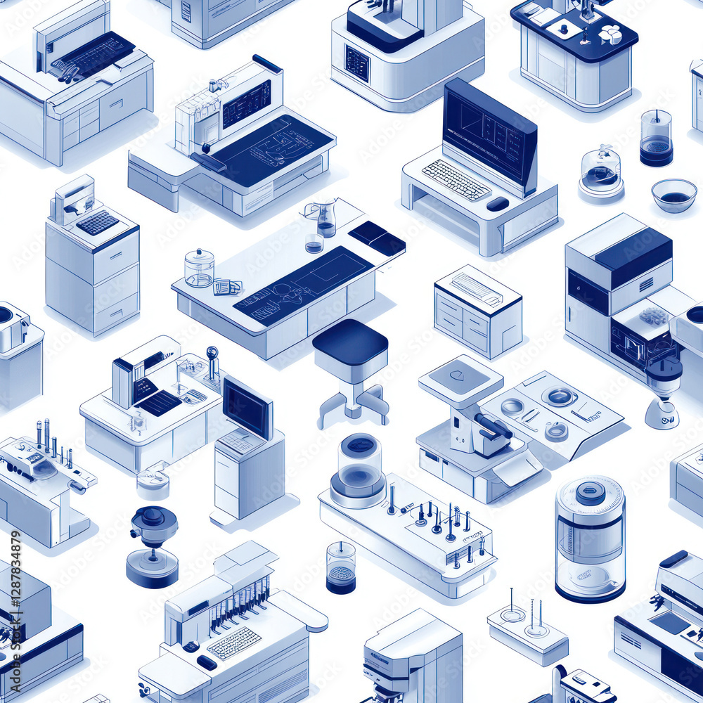 Poster lab equipment isometric view showing instruments & desks in a scientific research & development sett