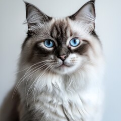 Elegant portrait of a Ragdoll cat with piercing blue eyes and soft white fur, contrasted by dark markings, set against a bright, minimalist background, showcasing its beauty.