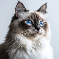 Captivating Ragdoll cat portrait showcasing piercing blue eyes and fluffy fur, with a contemplative gaze against a soft, diffused background, evoking serenity and elegance.