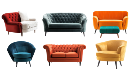 Colorful collection of stylish sofas arranged in modern living space showcasing diverse designs and fabrics