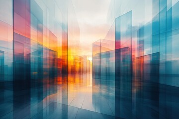 Abstract architectural space with glass panels reflecting vibrant sunset colors creating a modern and ethereal atmosphere and perspective view