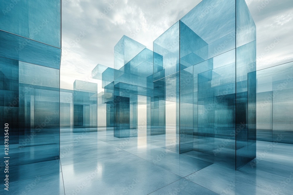 Poster serene architectural vision of transparent blue glass structures reflecting light and sky creating a