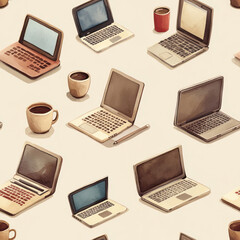 Laptops, mugs arranged in a pattern on cream-colored background, design, illustration