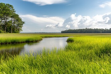 A serene salt marsh ecosystem, supporting tidal wetlands and diverse wildlife conservation.