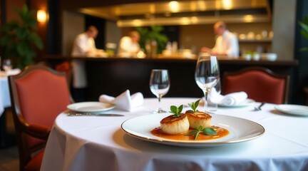 Fototapeta premium Gourmet Seared Scallops with a Zesty Orange Sauce, Elegantly Presented on a Pristine Table Setting in a Fine Dining Restaurant