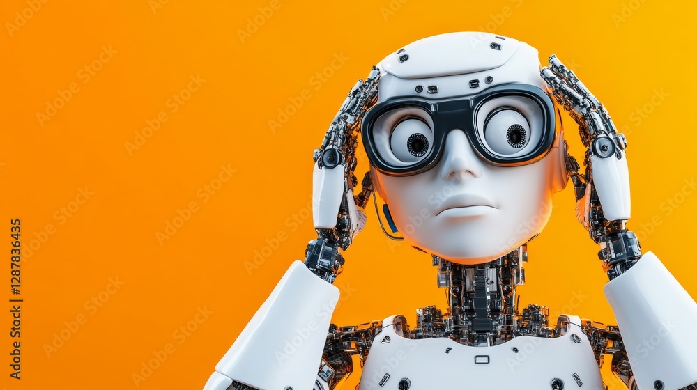 Poster robot with a pair of glasses on its face is looking up at the camera. the robot's expression suggest