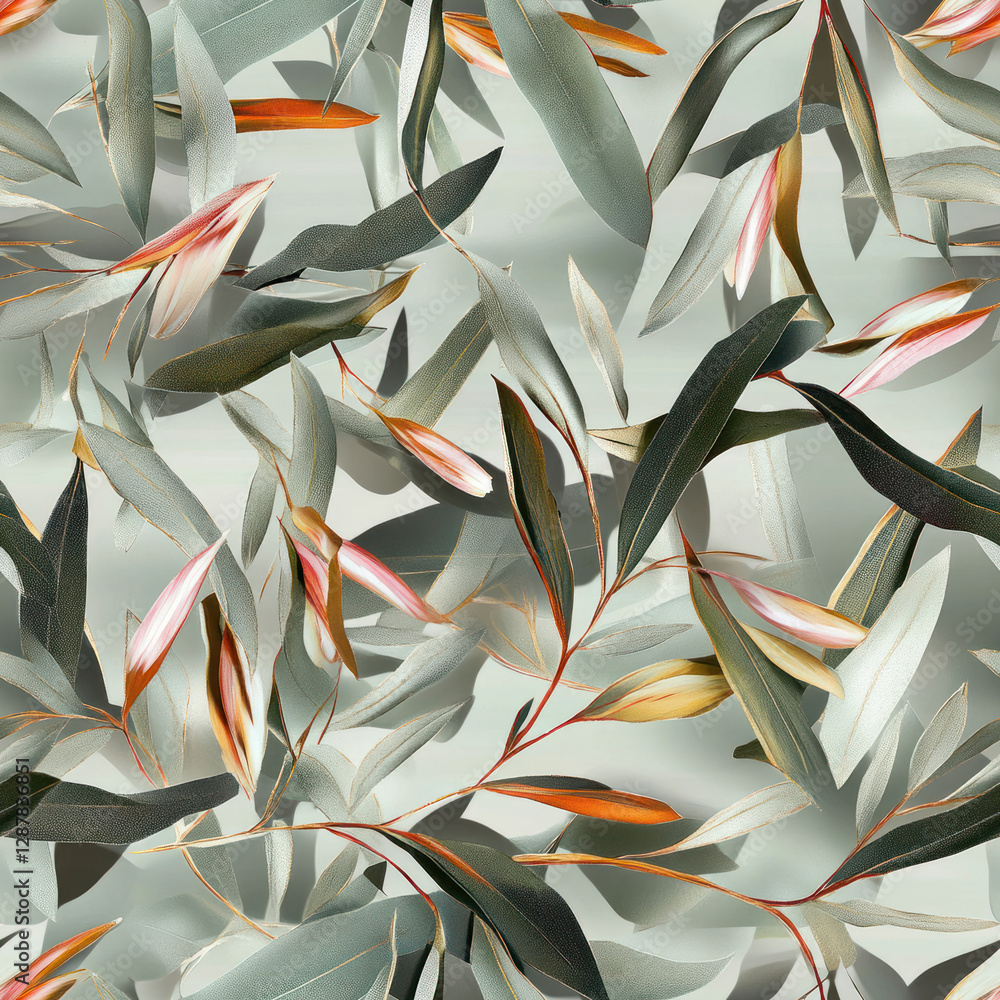 Poster leafy branches pattern flowing on a soft backdrop, creating a gentle, natural, and seamless botanica