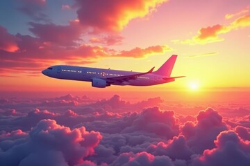 Sunset Flight Above a Sea of Clouds A Majestic Airplane Soaring Through the Vibrant Hues of Twilight
