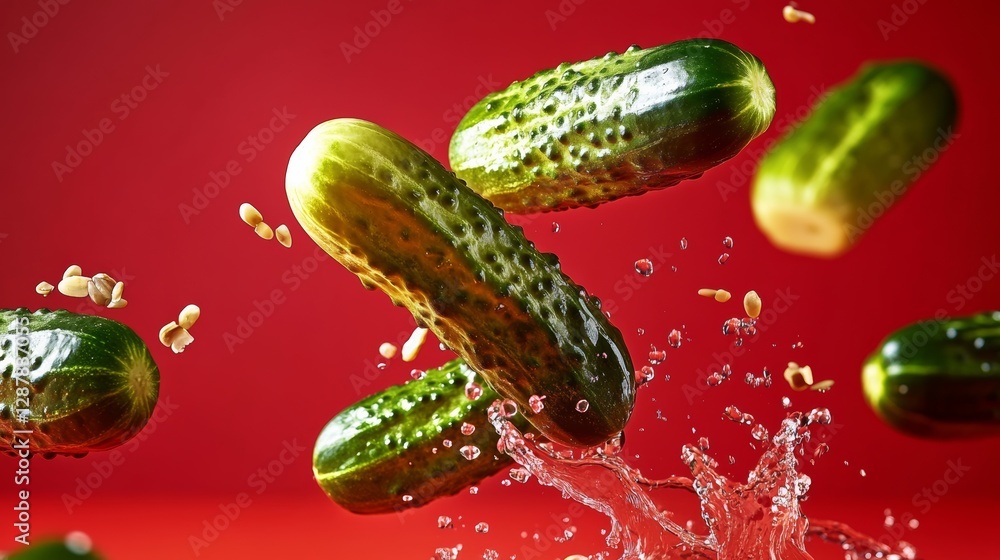 Poster bunch of cucumbers are flying through the air. the cucumbers are green and have a lot of water dropl