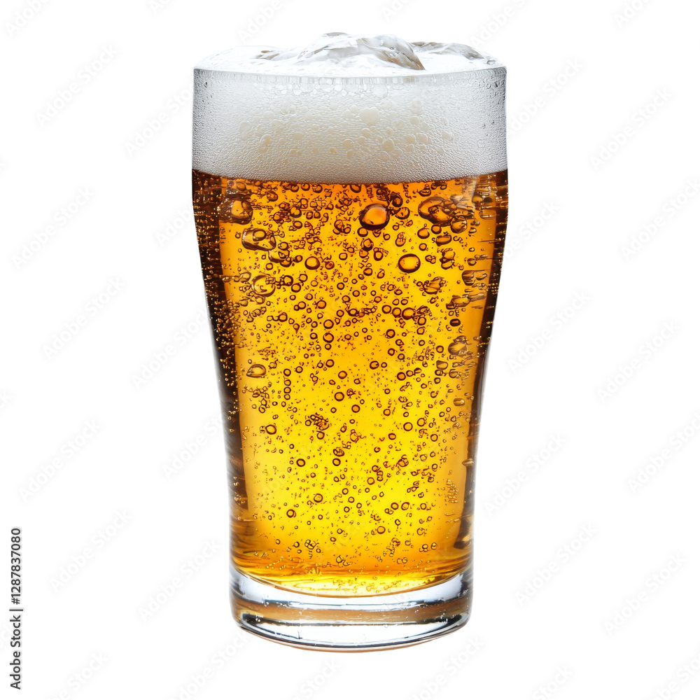Poster refreshing beer in glass with bubbles and foam on top, perfect for social gatherings or relaxation. 