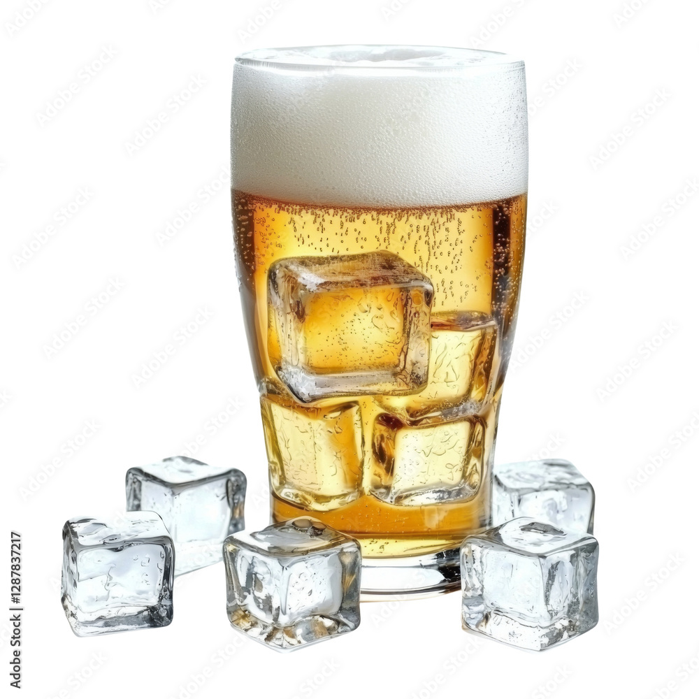 Poster refreshing beer in glass with ice cubes, perfect for summer enjoyment. golden liquid and frothy top 