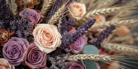 Elegant bouquet with roses, dried lavender, and wheat stalks.