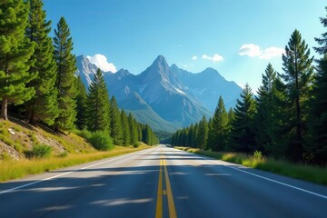 Asphalt road leading towards majestic mountain peaks under a vibrant summer sky, lined with lush evergreen trees casting long shadows