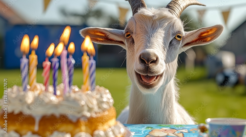 Poster goat is standing in front of a cake with lit candles on it. the goat is smiling and he is happy