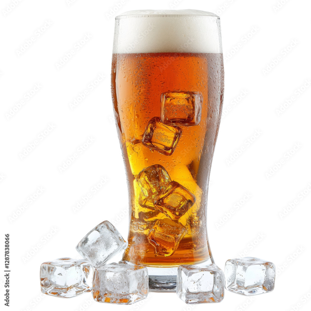 Poster refreshing beer in glass with ice cubes, perfect for summer enjoyment. golden color and frothy head 