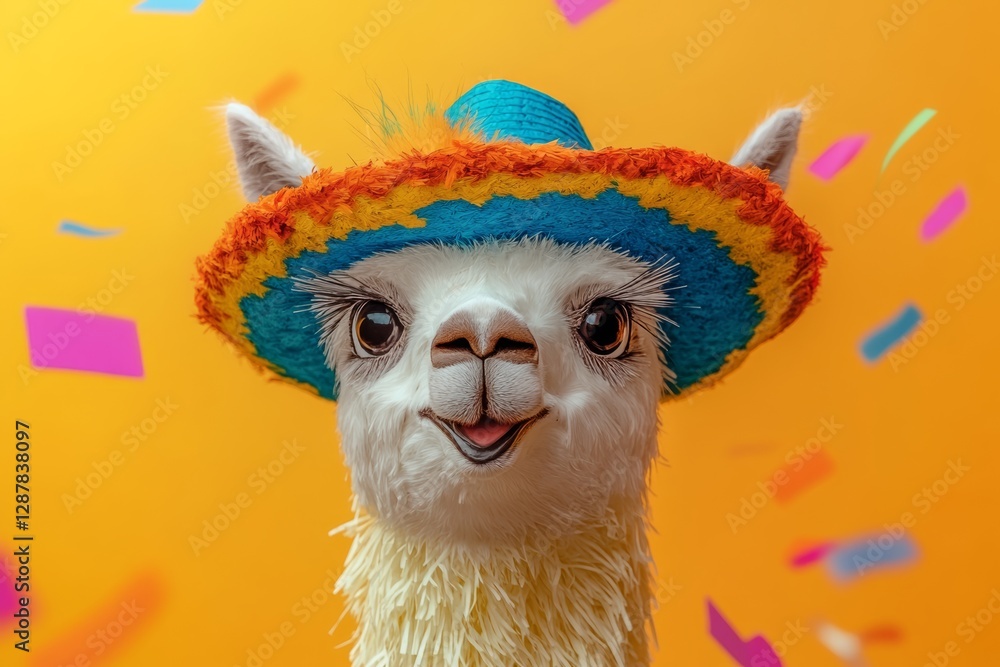 Poster white llama wearing a blue and orange hat is smiling and looking at the camera. the image has a fest