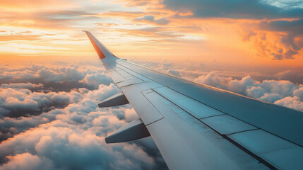 Obraz premium Beautiful view from an airplane wing soaring above clouds at sunset with vibrant colors illuminating the sky