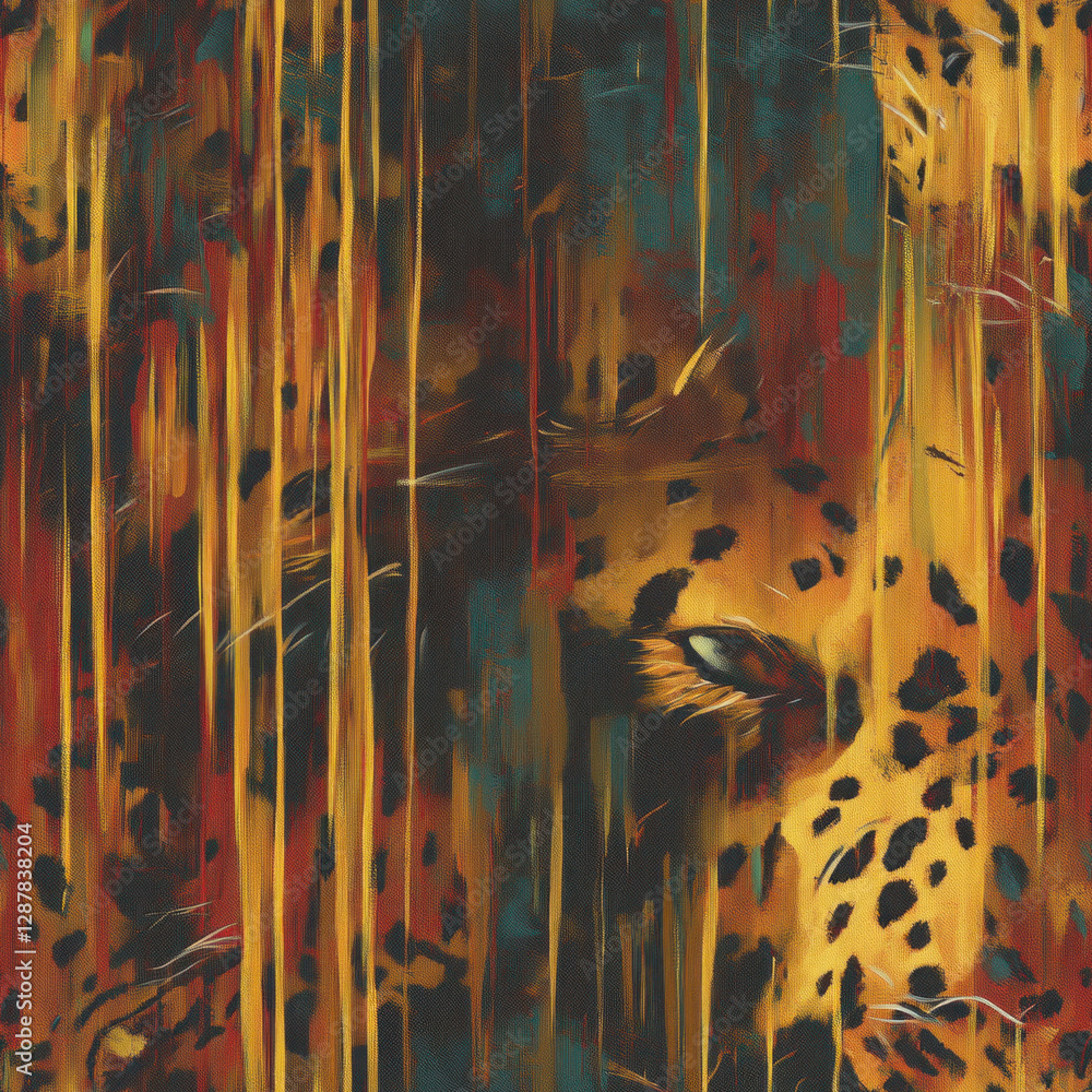 Poster leopard portrait blends into colorful abstract pattern. camouflage effect with orange and blue drips
