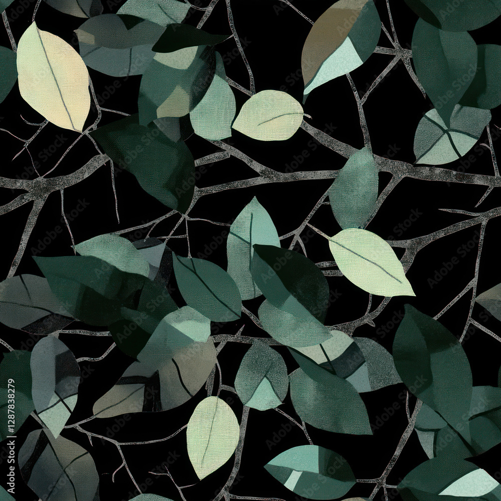Poster leaves scatter on tree branches. dark background showcases the pattern