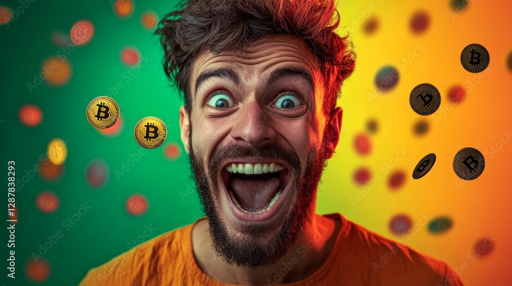 Poster man is smiling and holding up a bunch of coins, with one of them having the letter b on it