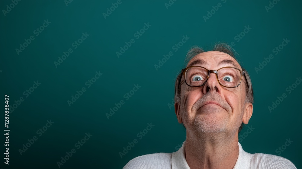 Poster man with glasses is looking up at the camera with a surprised expression. concept of curiosity and w