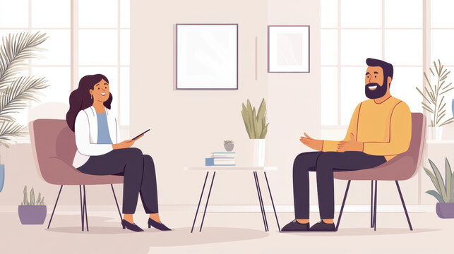 Two people having a conversation in a modern office setting, expressing joy and engagement, with plants enhancing the atmosphere