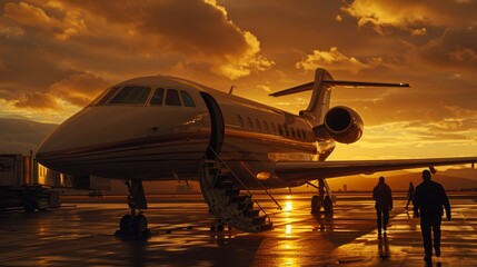 Private Jet Boarding: Passengers entering private jet during sunset, with warm golden hues reflecting off the fuselage. Ground crew service the plane. 