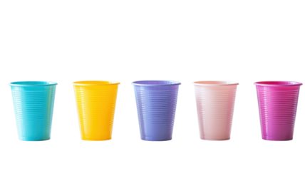 Colorful plastic cups arranged in a row, showcasing different shades and shapes on a plain background
