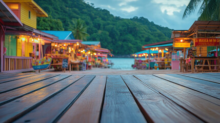 Vibrant sunset over colorful seaside houses with wooden planks and bustling caf&eacute; atmosphere in a coastal town