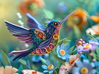 Fototapeta premium Intricate Paper Quilling Artwork of a Hummingbird Amidst Blooming Flowers