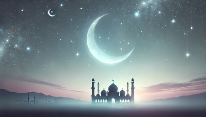 Naklejka premium Dreamy mosque background with a floating crescent moon, glowing stars, a silhouetted masjid at the horizon, and a vast, clear area for text or personalized elements