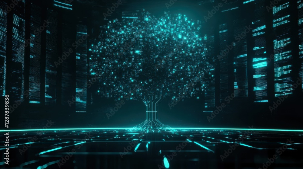 Aufkleber a glowing digital tree stands in a futuristic environment, surrounded by shimmering particles and il