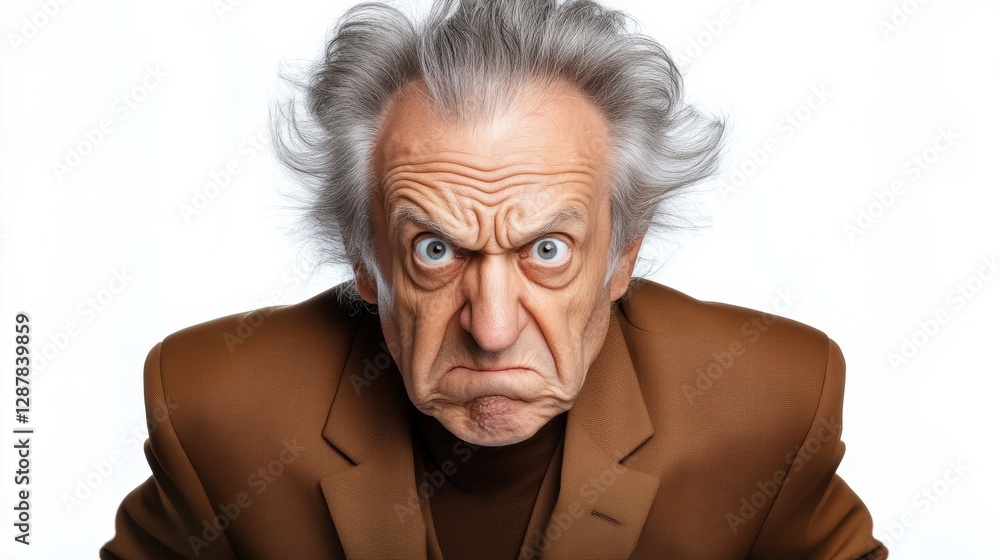 Poster man with a beard and a mustache is wearing a brown suit and looking angry. he has a frown on his fac