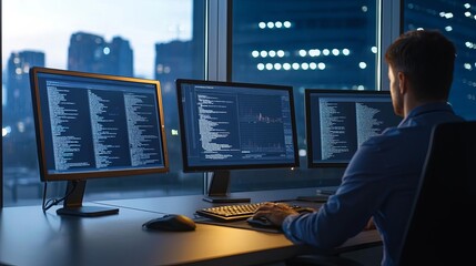 A programmer working late at night in a modern office with multiple computer screens.