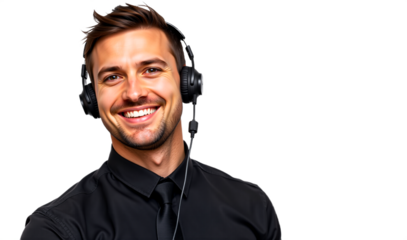 Smiling man in headset, customer service representative isolated on transparent background. Professional headshot for business, corporate, online meeting, or call center.