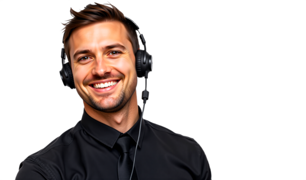 Smiling man in headset, customer service representative isolated on transparent background. Professional headshot for business, corporate, online meeting, or call center.