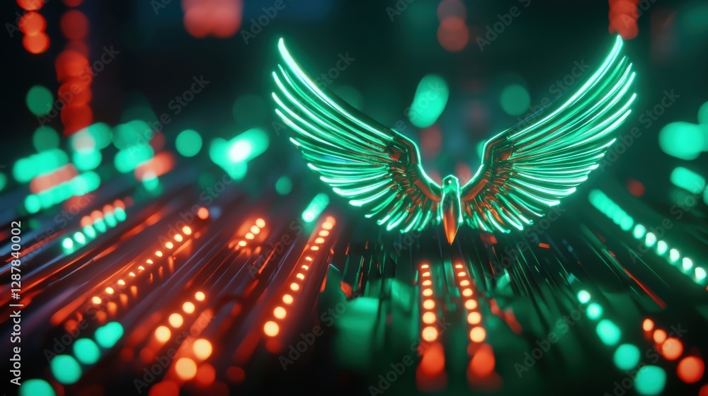 Poster a vibrant digital artwork featuring illuminated wings amidst colorful light patterns, creating a sen